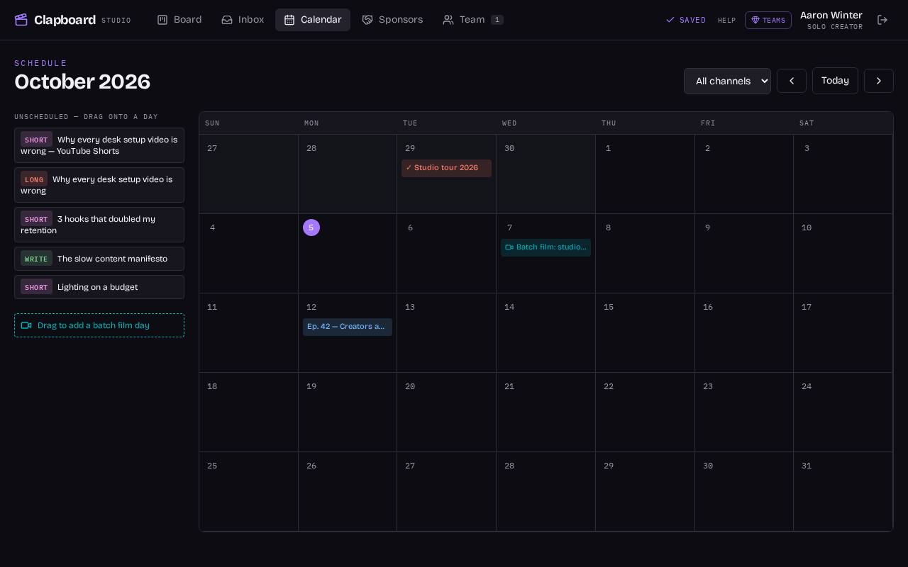 Your whole schedule, in view. Clapboard example workspace.