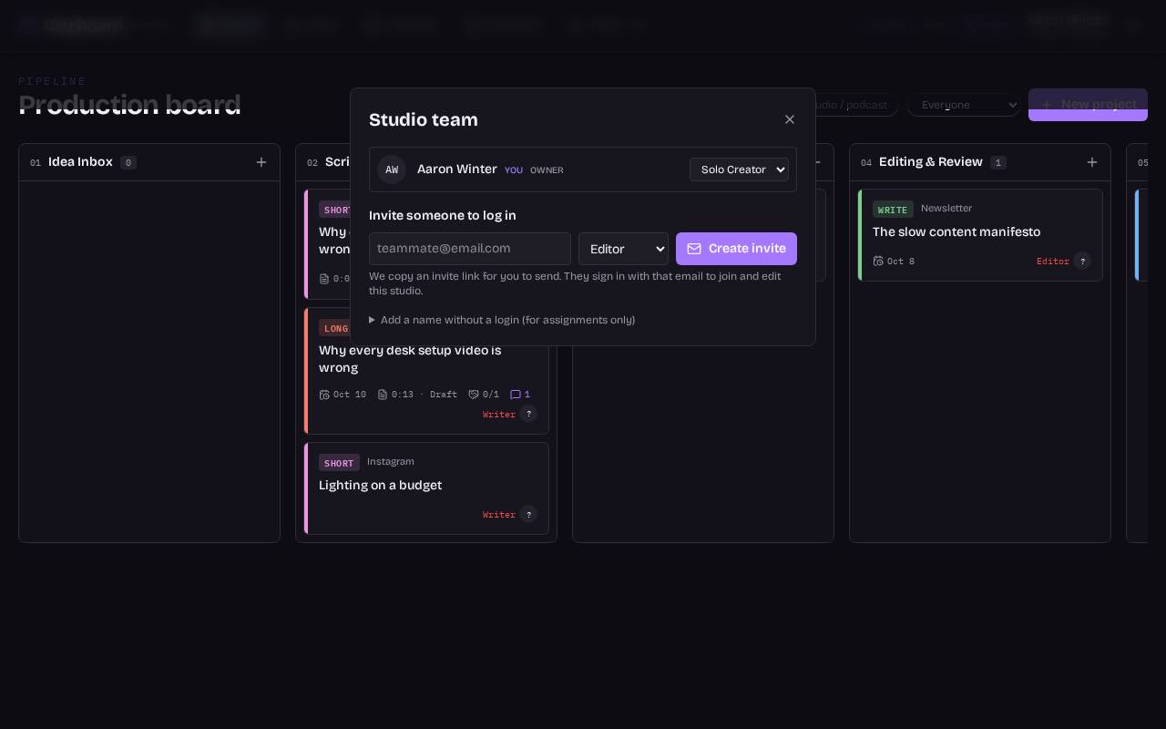 Teams & collaboration screen in Clapboard